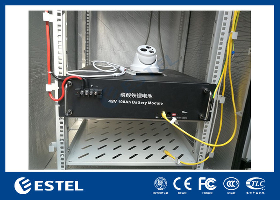 Dispositivi per batterie montati su due pareti a pavimento con unità di monitoraggio e PDU